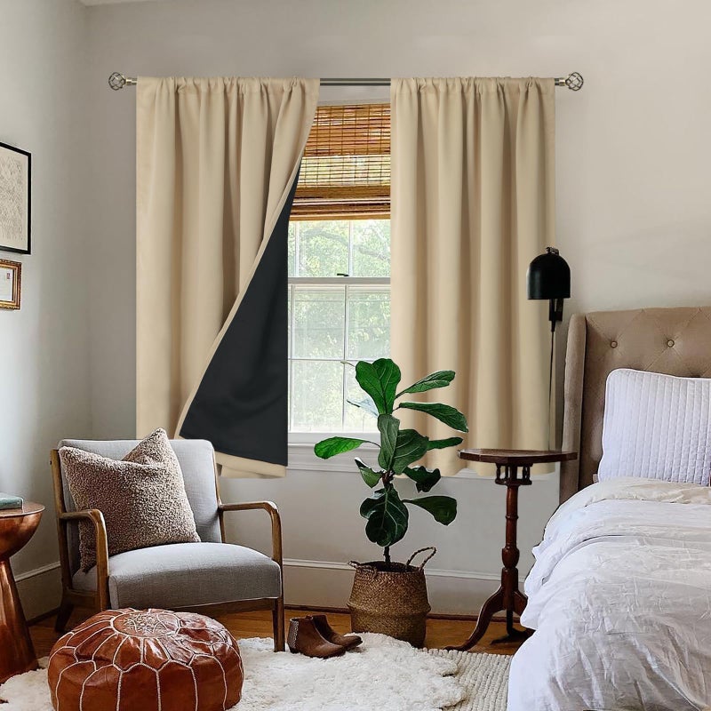 BGment Thermal Insulated 100% Blackout Curtains for Bedroom with Black Liner, Double Layer Full Room Darkening Noise Reducing Rod Pocket Curtain (52 x 45 Inch, Beige, 2 Panels) - Image 2